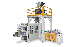 Automated high-speed bagging machine for open mouth bags.