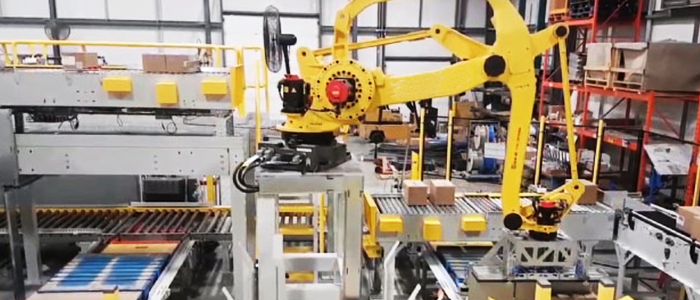 Robot de-palletizing system for cases, boxes and bags