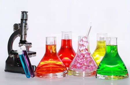 Chemicals in beakers.