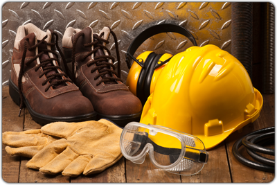 Image of protective boots, a hard hat, ear coverings, gloves, and goggles.